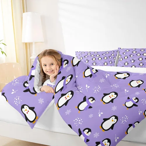 Miniatura 6 de Juego de edredón de pingüino, tamaño matrimonial, edredón de plumón de pingüino kawaii, juego de ropa de cama de animales antárticos para niños