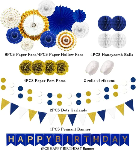 Miniatura 2 de Decoración de fiesta de feliz cumpleaños azul marino y dorado, 24 abanicos de papel colgantes, guirnalda de flores con pompones, guirnalda