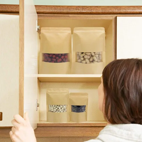 Miniatura 8 de Bolsas de papel marrón resellables con ventana, 50 unidades de 5.5 x 7.8 pulgadas con cierre de cremallera, bolsas sellables de caramelo Kraft
