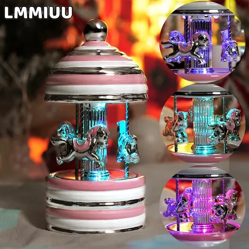 Miniatura 3 de Caja de Música de Carrusel Envuelta para Regalo, Carrusel Musical de Cerámica con Luces que Cambian de Color, Cajas de Música para Niñas, Niños