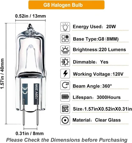 Miniatura 2 de JCD - 10 bombillas halógenas G8 de 20 W, 120 V, bombillas de xenón bi-pines, blanco cálido, regulable, para luces de disco debajo del gabinete