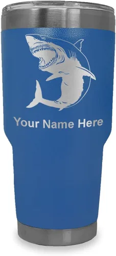 Miniatura 15 de LaserGram Vaso aislado al vacío de 20 onzas, gran tiburón blanco, grabado personalizado incluido (negro)