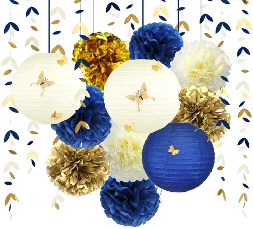Kit de decoración de fiesta azul marino y dorado, faroles, flores, pompones con calcomanías de mariposa 3D dorado champán y serpentinas de guirnalda