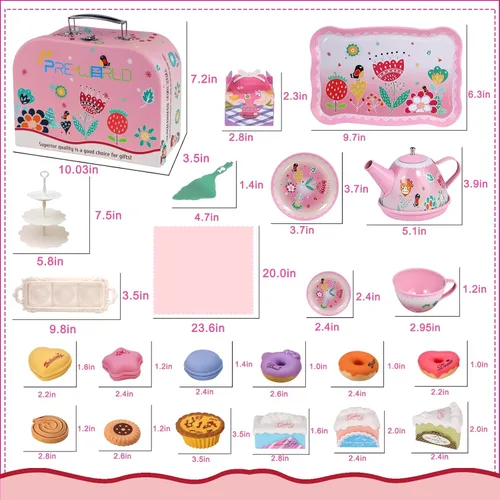 Miniatura 6 de Juego de fiesta de té para niñas pequeñas, juguete de la hora del té de la princesa de PRE-WORLD que incluye postre, galletas, dona, bandeja