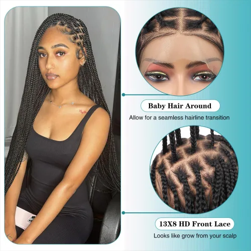 Miniatura 3 de Kalyss Pelucas trenzadas sin nudos para mujer, peluca trenzada con encaje frontal de 13 x 8 pulgadas, pelucas trenzadas con cabello de bebé, peluca