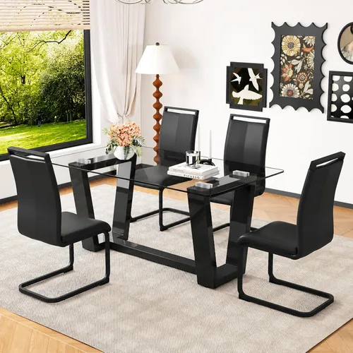 Miniatura 7 de Ebullient - Juego de mesa de comedor de cristal para 4, juego de mesa de comedor moderno para 4, tablero de vidrio templado con patas trapezoidales