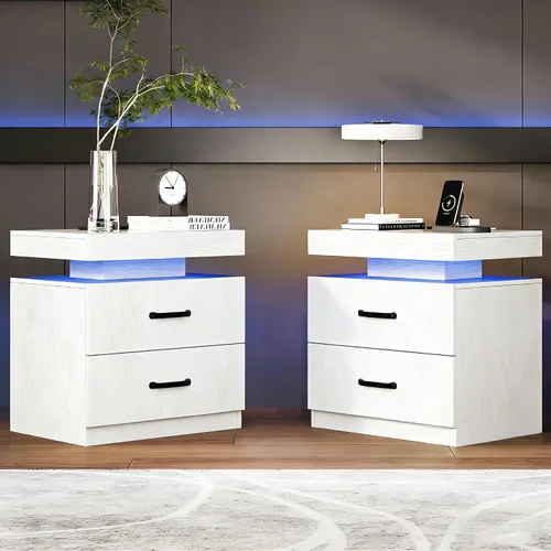 Miniatura 8 de Mesita de noche negra con estación de carga, moderna mesita de noche con luces LED, mesa auxiliar con 2 cajones para dormitorio, sala de estar