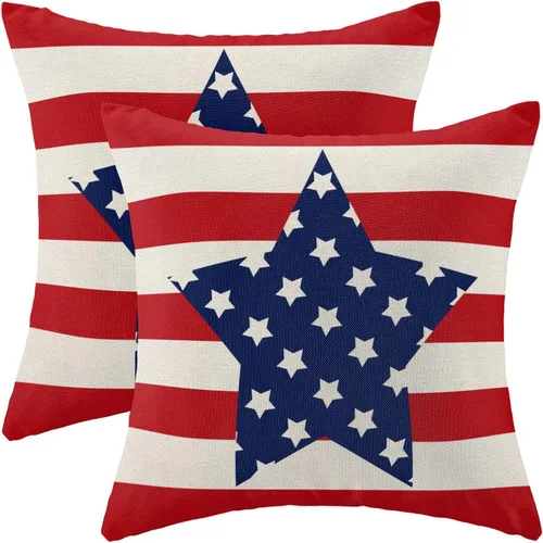 Miniatura 29 de Juego de 2 fundas de almohada decorativas para el 4 de julio, 16 x 16 pulgadas, diseño patriótico de estrellas azul marino del Día