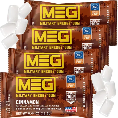 Miniatura 11 de MEG - Goma de mascar de energía militar 100 mg de cafeína por pieza + aumenta la energía + aumenta el rendimiento físico + paquete de 4