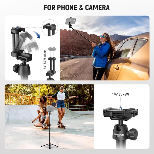 Miniatura 3 de NEEWER Basics Trípode selfie stick de 150 cm compatible con iPhone, cámara DLSR, Canon, Sony, pequeño soporte de mesa de metal portátil