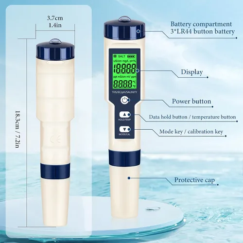 Miniatura 5 de Medidor de pH y TDS Medidor digital de agua 5 en 1 Probador de salinidad PH Temp EC y medidor TDS, medidor de pH para agua con retroiluminación LCD