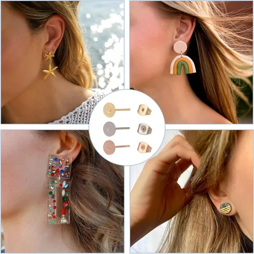 Miniatura 4 de Craftdady Juego de 60 aretes de acero inoxidable de 0.197 in, dorados, plateados, dorados, plateados, aretes en blanco, kit de fabricación