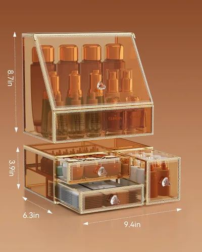Miniatura 6 de CoralHouse Organizador de maquillaje, organizador de maquillaje ámbar con cajón, soporte para el cuidado de la piel para encimera de baño, vitrina