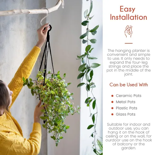 Miniatura 5 de Feedee Ganchos de macramé para plantas, paquete de 6, color negro, interior/exterior, algodón