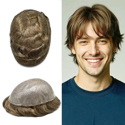 Miniatura 51 de Extensiones de pelo tipo tupé para hombre, sistema de reemplazo de cabello humano virgen 100% europeo, piel fina y duradera, inyección completa