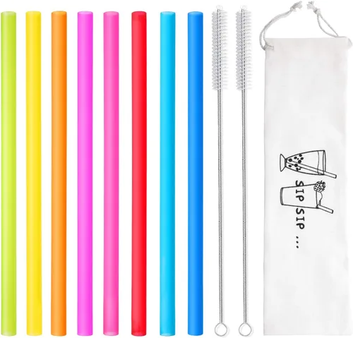 Miniatura 2 de 8 pajitas reutilizables extra anchas para batidos y boba con 1 bolsa y 2 cepillos, pajitas de plástico grandes sin BPA para batidos, té de burbujas