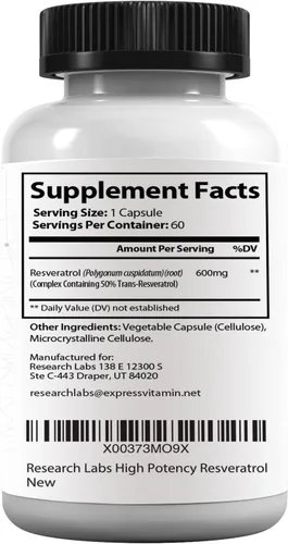 Miniatura 6 de Research Labs Suplemento de resveratrol micronizado de potencia 2 Fer 1 Ad - 1200 mg por 2 cápsulas, 120 en total - Potente suplemento antioxidante