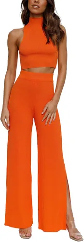 ARTFREE Conjunto de 2 piezas para mujer, ropa de calle, pantalones palazzo de pierna ancha de punto acanalado y tops recortados