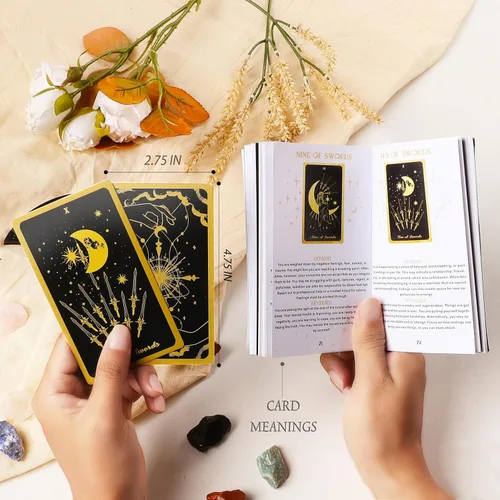 Miniatura 3 de 78 cartas de tarot con guía – Juego de regalo de baraja de tarot con tela de tarot y soporte, piedras de chakra y más, cartas de tarot negras