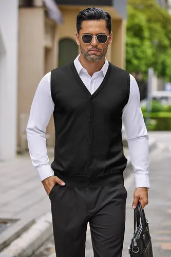 Miniatura 3 de COOFANDY Chaleco de suéter para hombre, cuello en V, casual, sin mangas, con botones, cárdigan