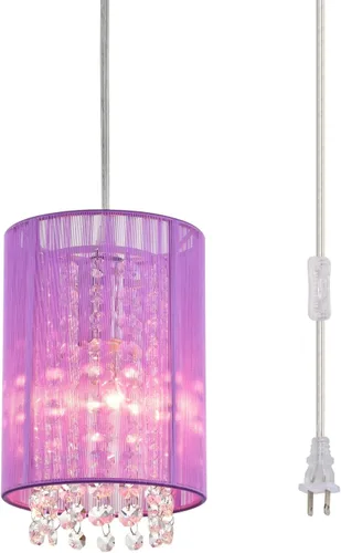 Miniatura 10 de Candelabro pequeño enchufable con 1 luz colgante, lámpara colgante de cristal rosa para dormitorio de niñas