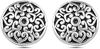 Miniatura 5 de LeCalla Aretes de tuerca de plata de ley 925, ligeros, de dos tonos, de filigrana antigua, para mujer, regalos para ella