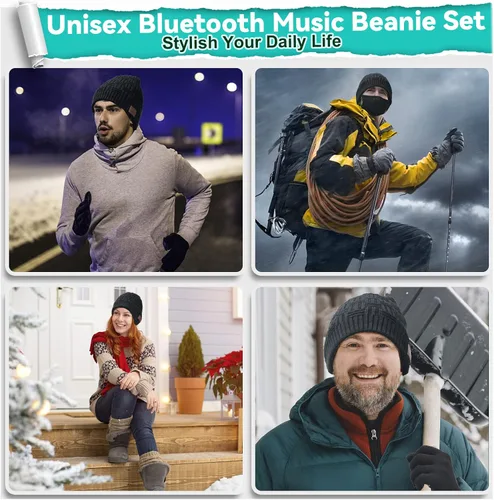 Miniatura 4 de Juego de gorro de música inalámbrico, gorro de invierno, gorro Bluetooth con cubiertas para las orejas, guantes antideslizantes para pantalla