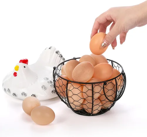 Miniatura 4 de AVLA Canasta de huevos de pollo, canastas de recolección de huevos de alambre negro con tapa de cerámica para recolectar huevos frescos, soporte