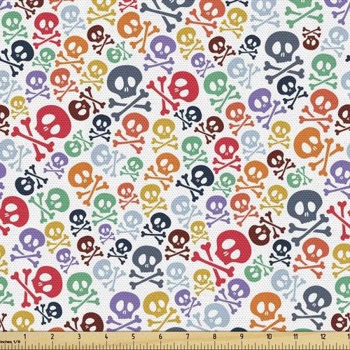 Miniatura 97 de Ambesonne The Yard, tela de calavera colorida con temática de Halloween, diseño de calavera y huesos cruzados, divertido estampado de dibujos