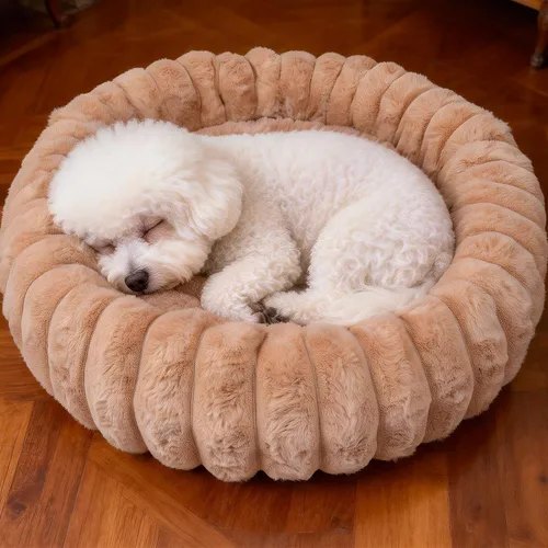Cama en forma de dona para perros y gatos, lujosas y cómodas camas de piel sintética de conejo para mascotas, suave, antiansiedad, calmante con