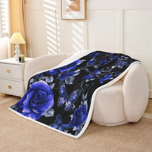 Miniatura 3 de Manta de franela azul rosa para todas las estaciones, manta de cama gótica de mariposa para decoración del hogar kawaii, manta rústica con flores