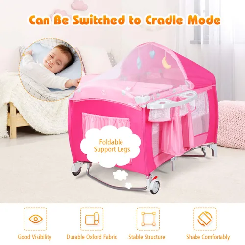 Miniatura 5 de Costzon 4 en 1 rosa Pack and Play con moisés, corralito portátil para bebé con toldo ajustable, entrada con cremallera lateral, caja de música