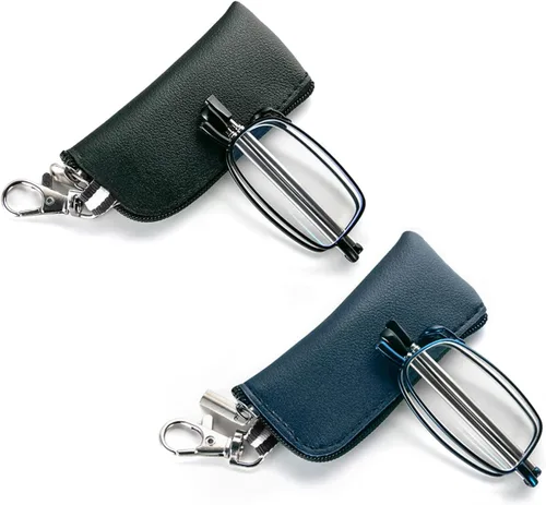 Paquete de 2 lentes de lectura plegables para hombres y mujeres con llavero, bolsas compactas, bloqueo de luz azul, lectores portátiles de bolsillo