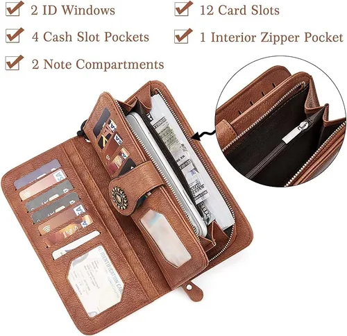 Miniatura 5 de BROMEN Billeteras de cuero para mujer, cartera grande de mano para teléfono, 1- marrón , Casual