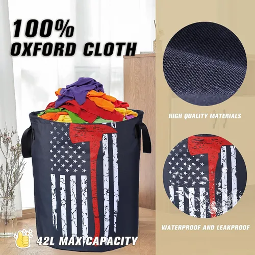 Miniatura 5 de Cesta de lavandería con bandera americana de línea roja Ax de NUTAINLA, cesta plegable de tela Oxford para bomberos, bolsa divertida de mano, cesta