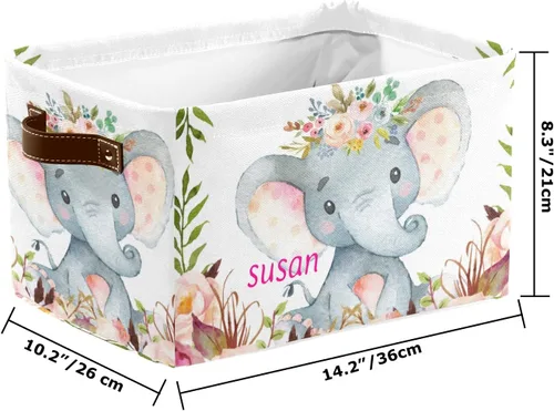 Miniatura 2 de Contenedor de almacenamiento personalizado de elefante floral rosa bohemio con nombre, impermeable, organizador de lona con asas, para cestas
