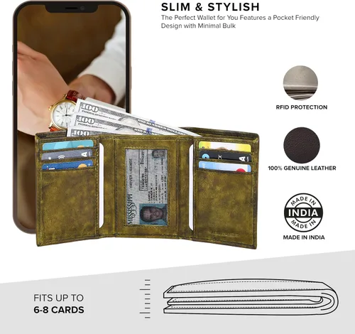 Miniatura 3 de Tri fold Leather Wallet for Men with RFID Slim Wallets for Men with 1 ID and 6 Credit card slots Front Pocket Minimalist Gift