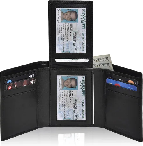 Miniatura 58 de Cartera de cuero RFID hecha a mano para hombres, elegante cartera de bolsillo frontal triple con 2 ranuras para identificación y 9 tarjetas, Negro