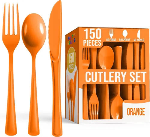 Party Solids Cubiertos de plástico naranja resistentes, 150 piezas, color naranja, desechables, juegos de utensilios, 50 de cada tenedor, cuchillos