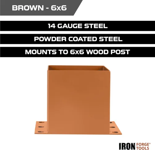 Miniatura 3 de Iron Forge Tools Base de poste de 6 x 6 pulgadas para hormigón, paquete de 4 anclajes de acero resistente con recubrimiento de polvo marrón