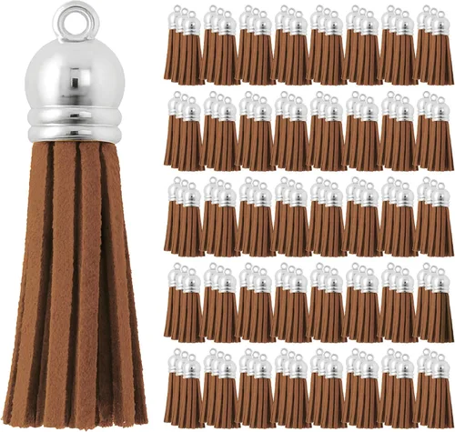 Miniatura 60 de Mandala Crafts 100 borlas de gamuza sintética color aguamarina con tapa dorada, suministros para hacer llaveros a granel, pequeñas borlas de cuero