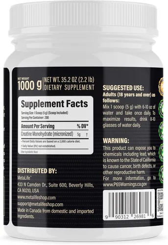 Miniatura 14 de Polvo de Monohidrato de Creatina 100% Puro, Fabricado en Canadá, 1000 g (200 Porciones) Polvo Micronizado, Crecimiento Muscular, Sin Sabor, Ideal