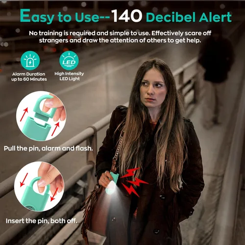 Miniatura 2 de Fauxomor Alarma de Seguridad Personal de 140dB para Mujeres, Paquete de 9 Alarmas de Protección Seguras Llavero con Luz Estroboscópica y Aviso