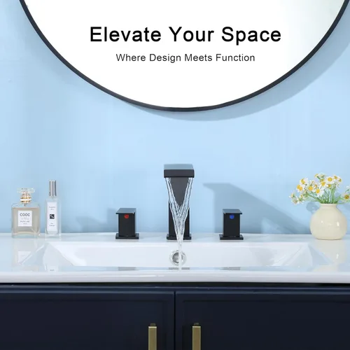 Miniatura 7 de COMLLEN Grifos de baño de 3 agujeros, grifo de baño de cascada negro mate de 3 agujeros, 8 pulgadas extendido moderno grifo de lavabo de baño, grifo