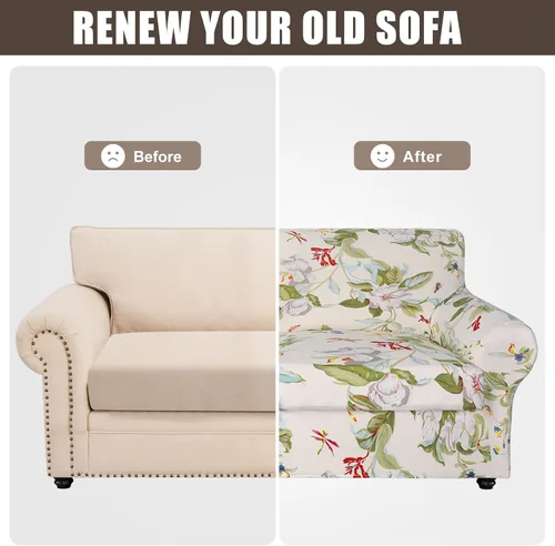 Miniatura 7 de SearchI - Funda de sofá elástica con estampado floral, 3 piezas, incluye 2 fundas de cojín independientes, protector lavable para muebles de sala