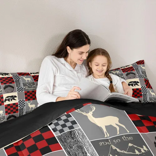 Miniatura 113 de Juego de edredón de oso y ciervo, tamaño individual, ropa de cama de animales salvajes de caza, colcha rústica de cabaña, casa de campo, cuadros