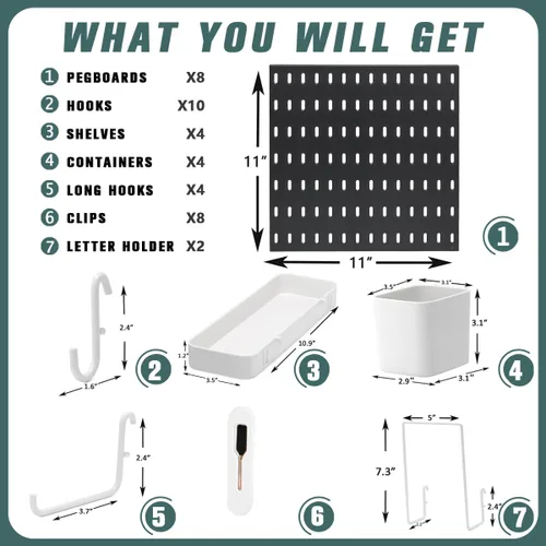 Miniatura 4 de MULSAME Kit de Combinación de Tablero Perforado, Conjunto de Almacenamiento Montado en Pared con 8 Tableros Perforados y 32 Accesorios Colgantes