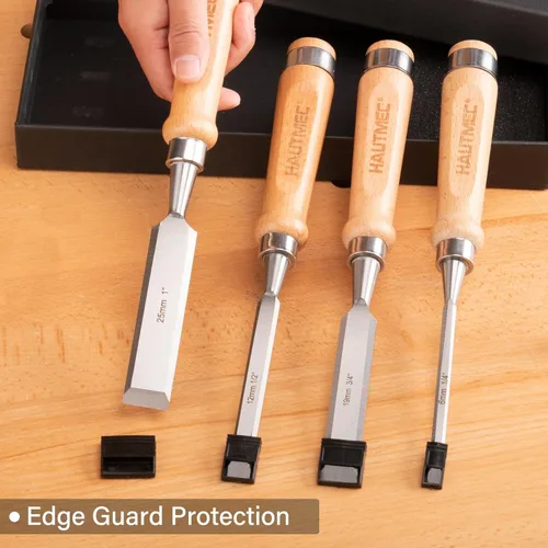 Miniatura 6 de HAUTMEC Juego de cinceles de madera largos para carpintería, cinceles de madera profesionales de 4 piezas con cuchillas de acero 60CR-V y asas