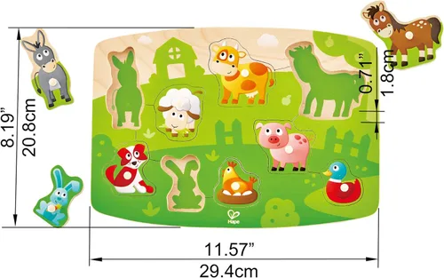 Miniatura 2 de Hape Farmyard - Rompecabezas de clavijas Juego de rompecabezas de madera de 10 piezas, juguete de aprendizaje para niños pequeños, multicolor, 5 x