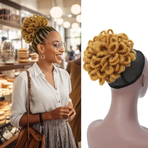 Miniatura 13 de DreadLocks Chignons Afro High Puff Cola de Caballo con Cordón Moño de Cabello Postizos Faux Locs Chignons con Clip Cola de Caballo para Mujeres